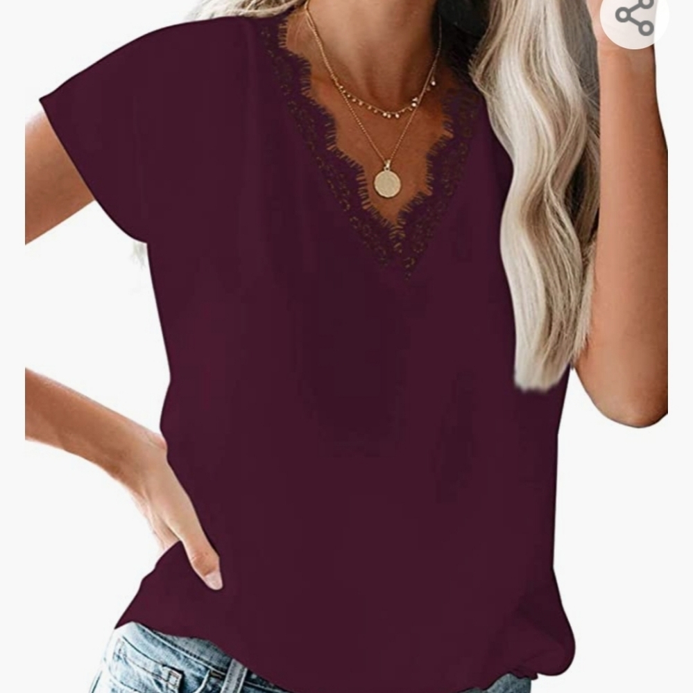 Dressy Lace Trim Blouse Short Sleeve Burgundy Large Shirt